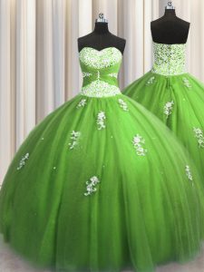 Fitting Green Tulle Lace Up Sweet 16 Dresses Sleeveless Floor Length Beading and Appliques