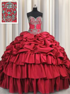 Glamorous Taffeta Sweetheart Sleeveless Brush Train Lace Up Beading and Embroidery and Ruffled Layers and Pick Ups 15 Quinceanera Dress in Wine Red