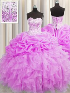 Visible Boning Floor Length Lilac Quinceanera Dress Organza Sleeveless Beading and Ruffles and Pick Ups