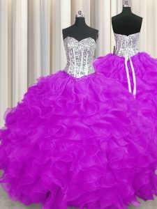Custom Designed Purple Organza Lace Up Sweetheart Sleeveless Floor Length Sweet 16 Quinceanera Dress Beading and Ruffles