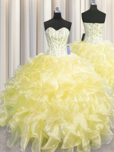High Class Visible Boning Zipper Up Light Yellow Ball Gowns Sweetheart Sleeveless Organza Floor Length Zipper Beading and Ruffles 15th Birthday Dress
