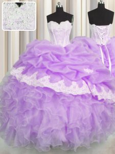 Glittering Pick Ups Lilac Sleeveless Organza Lace Up 15 Quinceanera Dress for Military Ball and Sweet 16 and Quinceanera
