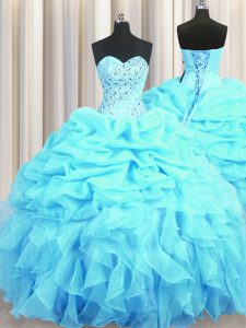 Eye-catching Aqua Blue Ball Gowns Organza Sweetheart Sleeveless Beading and Ruffles and Pick Ups Floor Length Lace Up Quinceanera Dress