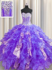 Fantastic Visible Boning Sleeveless Lace Up Floor Length Beading and Ruffles and Sequins Quinceanera Dress