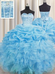 Pick Ups Visible Boning Ball Gowns Quinceanera Gown Baby Blue Sweetheart Organza Sleeveless Floor Length Lace Up