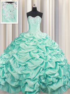 Brush Train Apple Green Ball Gowns Beading and Pick Ups 15 Quinceanera Dress Lace Up Taffeta Sleeveless Floor Length
