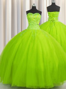 Perfect Big Puffy Sleeveless Floor Length Beading Lace Up Quinceanera Gown