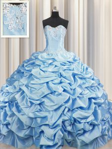 Pick Ups Brush Train Baby Blue Sleeveless Taffeta Sweep Train Lace Up Vestidos de Quinceanera for Military Ball and Sweet 16 and Quinceanera