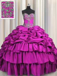 Superior Embroidery Brush Train Fuchsia Sleeveless Taffeta Lace Up Vestidos de Quinceanera for Military Ball and Sweet 16 and Quinceanera