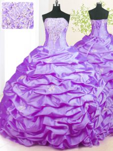Custom Designed Sleeveless Taffeta With Train Sweep Train Lace Up Sweet 16 Dress in Lavender with Beading