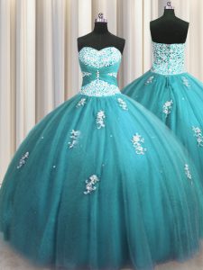 Customized Halter Top Teal Sleeveless Floor Length Beading and Appliques Lace Up Sweet 16 Dress