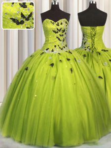 Olive Green Sweetheart Neckline Beading and Appliques Quinceanera Dress Sleeveless Lace Up