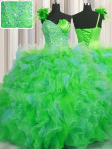 Handcrafted Flower One Shoulder Sleeveless Lace Up Ball Gown Prom Dress Multi-color Tulle