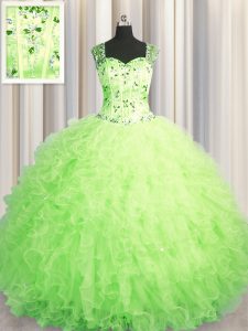 High Quality See Through Zipper Up Sleeveless Zipper Floor Length Beading and Ruffles Ball Gown Prom Dress