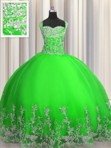 Excellent Straps Sleeveless Lace Up Ball Gown Prom Dress Green Tulle