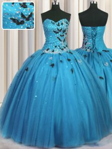 Most Popular Sleeveless Tulle Floor Length Lace Up Sweet 16 Quinceanera Dress in Baby Blue with Beading and Appliques