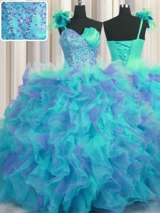 One Shoulder Handcrafted Flower Multi-color Tulle Lace Up Quinceanera Dress Sleeveless Floor Length Beading and Ruffles and Hand Made Flower