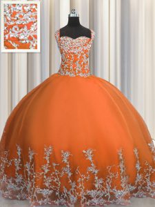 Dynamic Orange Red Sleeveless Floor Length Beading and Appliques Lace Up 15 Quinceanera Dress