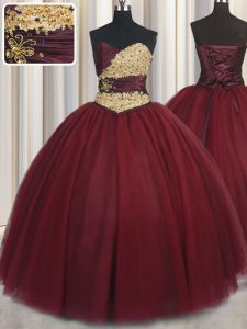 Wine Red Sleeveless Floor Length Beading and Appliques Lace Up Sweet 16 Dresses