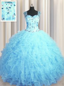 Flare See Through Zipper Up Floor Length Baby Blue Quinceanera Gown Tulle Sleeveless Beading and Ruffles