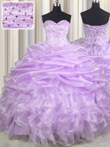 Lavender Sweetheart Neckline Beading and Ruffles and Pick Ups Quince Ball Gowns Sleeveless Lace Up