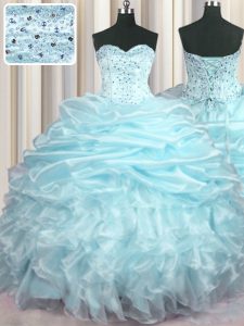 Light Blue Ball Gowns Beading and Ruffles and Pick Ups Quince Ball Gowns Lace Up Organza Sleeveless With Train