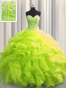 Visible Boning Yellow Green Quinceanera Dresses Military Ball and Sweet 16 and Quinceanera with Beading and Ruffles Sweetheart Sleeveless Lace Up