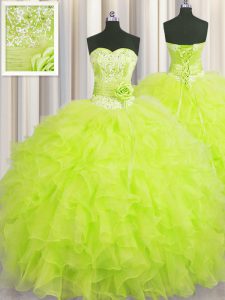 Comfortable Handcrafted Flower Yellow Green Sleeveless Beading and Ruffles and Hand Made Flower Floor Length 15 Quinceanera Dress