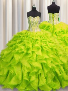 Fashion Visible Boning Yellow Green Sweetheart Lace Up Beading and Ruffles Sweet 16 Dresses Sleeveless