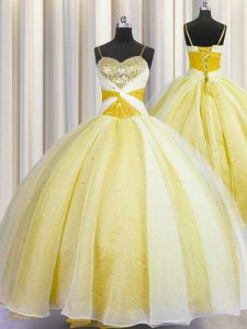 Admirable Spaghetti Straps Yellow Ball Gowns Beading and Ruching Ball Gown Prom Dress Lace Up Organza Sleeveless Floor Length