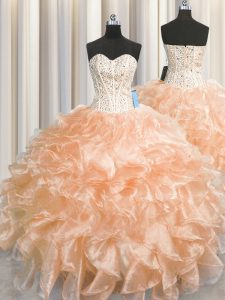 Super Visible Boning Zipper Up Sweetheart Sleeveless Ball Gown Prom Dress Floor Length Beading and Ruffles Peach Organza