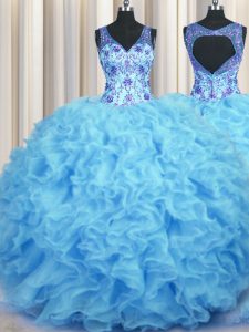 Cute Floor Length Baby Blue Quinceanera Dresses V-neck Sleeveless Zipper