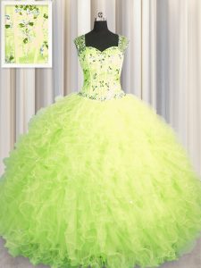 See Through Zipper Up Straps Sleeveless Sweet 16 Quinceanera Dress Floor Length Beading and Ruffles Yellow Green Tulle