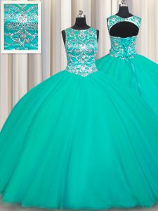 Stunning Scoop Turquoise Sleeveless Tulle Lace Up Vestidos de Quinceanera for Military Ball and Sweet 16 and Quinceanera