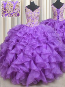 High Class Purple Ball Gown Prom Dress Military Ball and Sweet 16 and Quinceanera with Beading and Appliques and Ruffles Sweetheart Sleeveless Lace Up