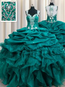 Teal Organza Zipper Straps Sleeveless Floor Length Quinceanera Dress Beading and Ruffles and Pick Ups