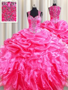 Nice Straps Hot Pink Sleeveless Floor Length Beading and Ruffles and Pick Ups Zipper Vestidos de Quinceanera