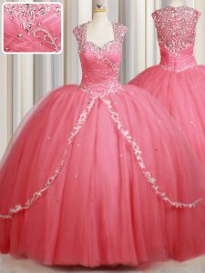 Noble Tulle Straps Cap Sleeves Sweep Train Zipper Beading and Appliques Ball Gown Prom Dress in Watermelon Red