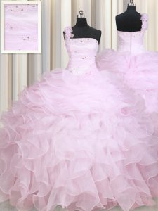 Custom Made One Shoulder Sleeveless Zipper Sweet 16 Quinceanera Dress Baby Pink Organza