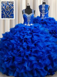 Royal Blue Ball Gowns Straps Sleeveless Organza Floor Length Lace Up Beading and Appliques and Ruffles Sweet 16 Dresses