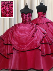 Sweetheart Sleeveless Vestidos de Quinceanera Floor Length Beading and Appliques and Ruffled Layers Red Satin