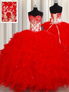 Sequins Floor Length Red Quinceanera Dress Sweetheart Sleeveless Lace Up