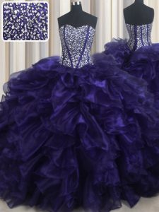 High End Purple Organza Lace Up Quinceanera Gown Sleeveless With Brush Train Beading and Ruffles