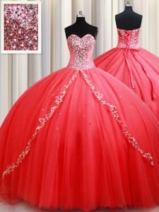 Coral Red Sleeveless Floor Length Beading and Appliques Lace Up Vestidos de Quinceanera