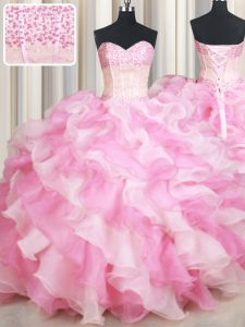 Stunning Pink And White Sweetheart Lace Up Beading and Ruffles Sweet 16 Dress Sleeveless