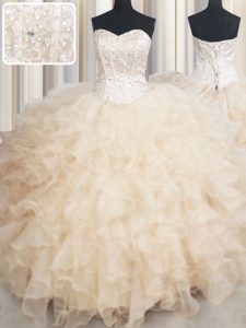 Champagne Organza Lace Up Sweet 16 Quinceanera Dress Sleeveless Floor Length Beading and Ruffles