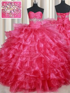 New Arrival Sleeveless Floor Length Ruffled Layers Lace Up Sweet 16 Dresses with Coral Red