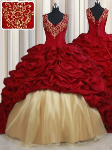 Free and Easy Red Lace Up Sweet 16 Quinceanera Dress Beading and Appliques and Pick Ups Sleeveless Sweep Train