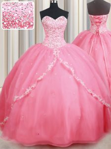 With Train Ball Gowns Sleeveless Watermelon Red Quinceanera Gowns Brush Train Lace Up