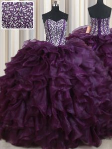 Spectacular Dark Purple Organza Lace Up Quince Ball Gowns Sleeveless Floor Length Beading and Ruffles